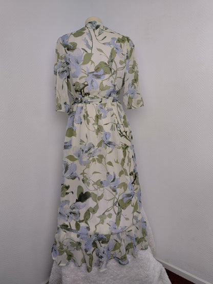 Floral wrap dress on mannequin from the back
