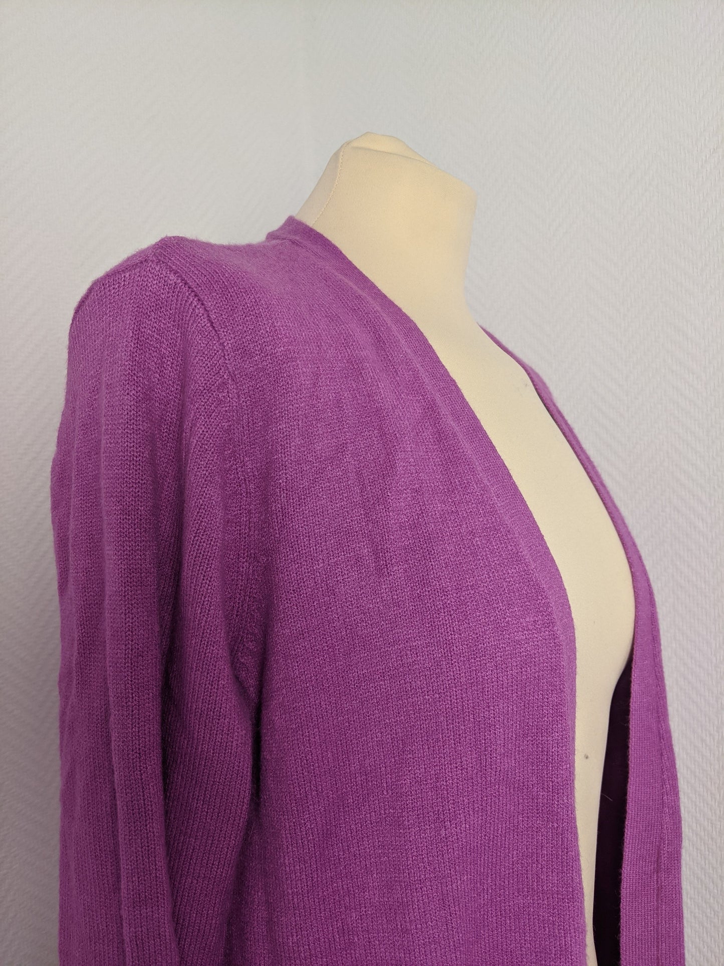 Side view of purple Vila cardigan showing texture