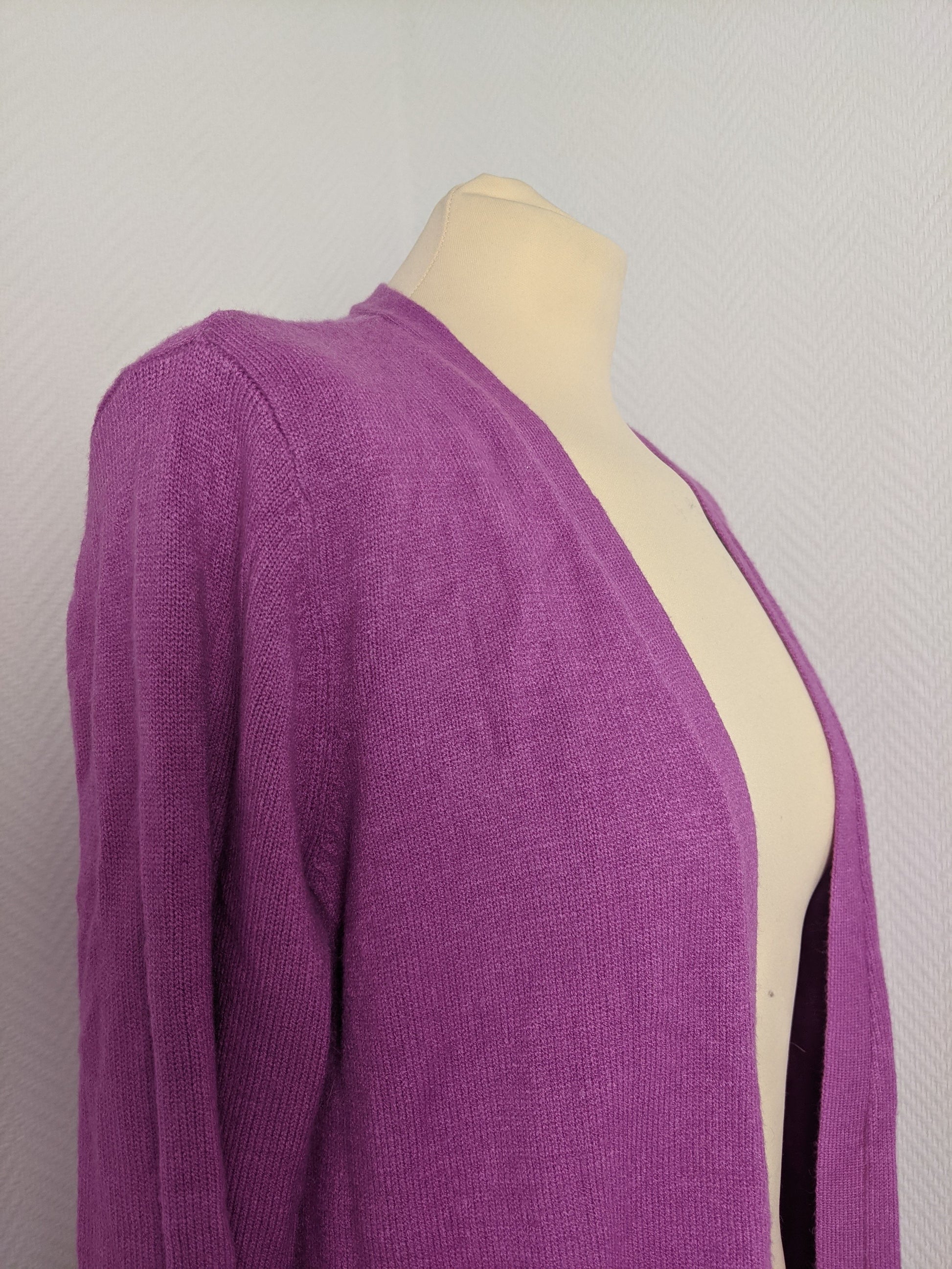 Side view of purple Vila cardigan showing texture