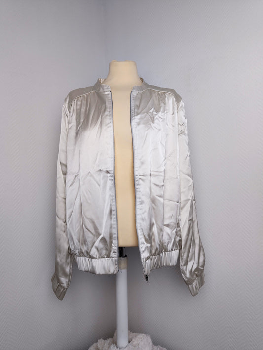 Front view of silver satin bomber jacket