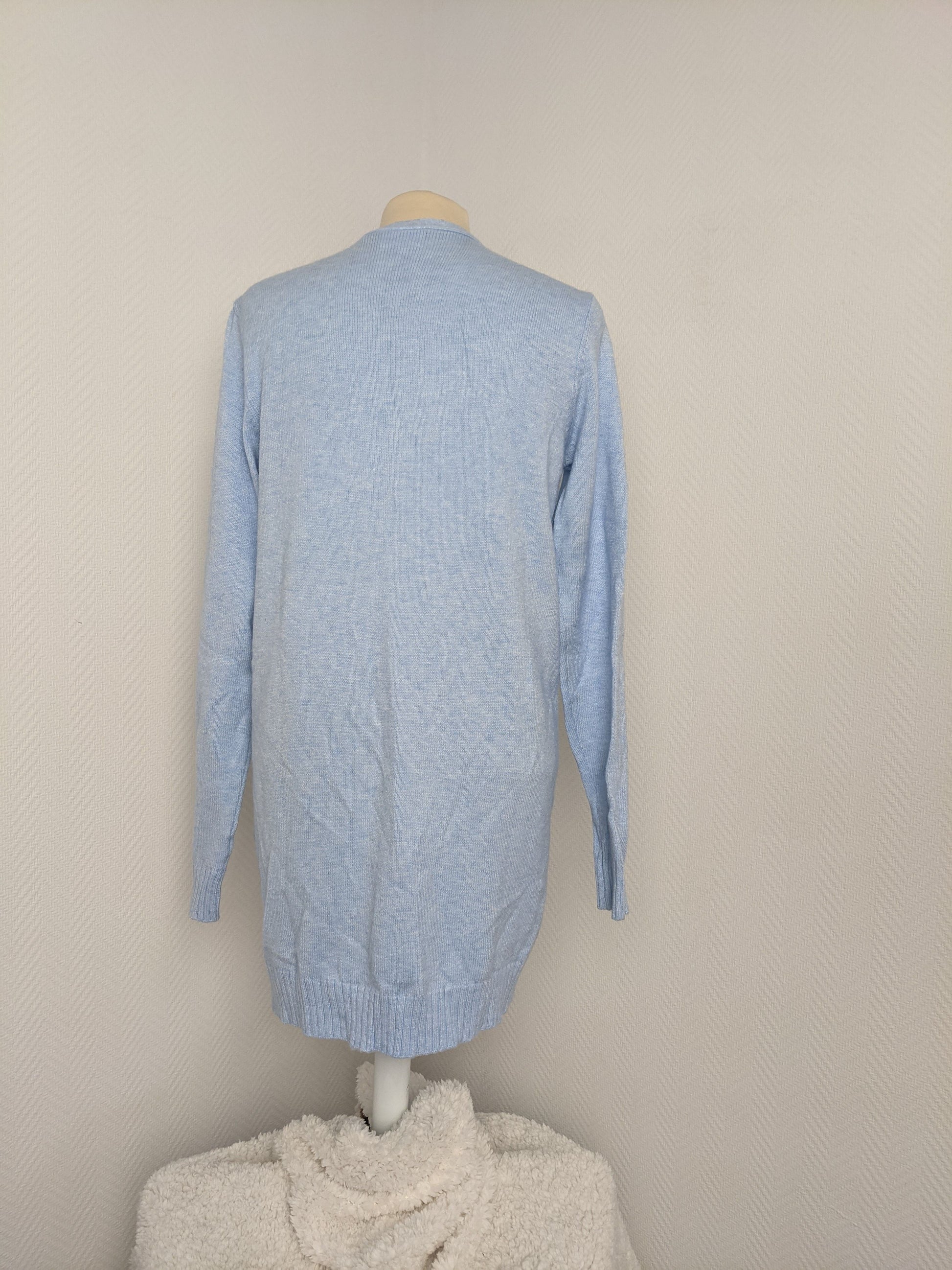 Light blue cardigan on a mannequin, back view