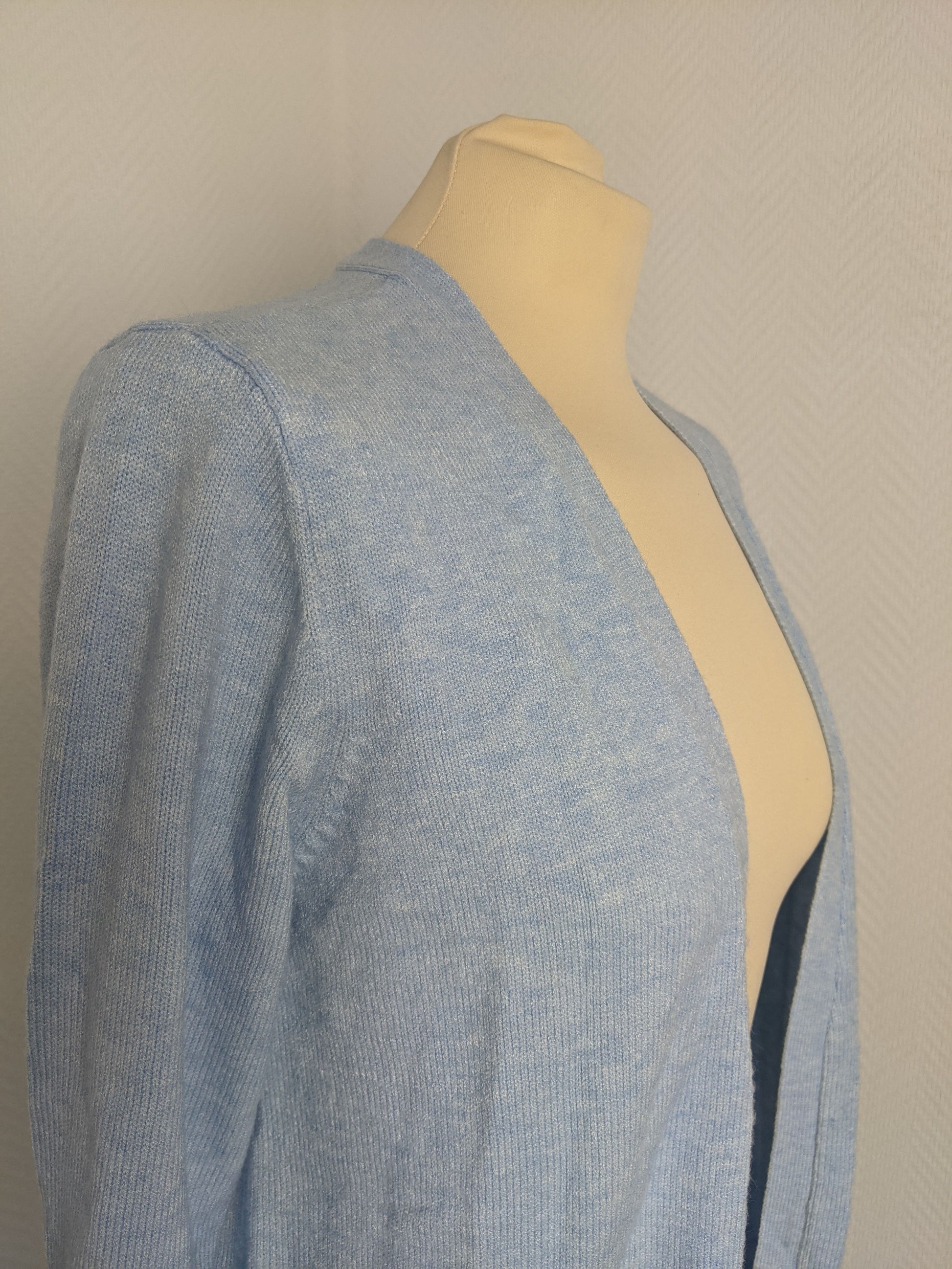 Close-up of the light blue cardigan fabric
