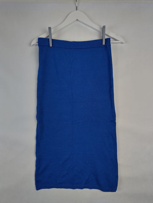 Front view of a blue midi skirt on a hanger