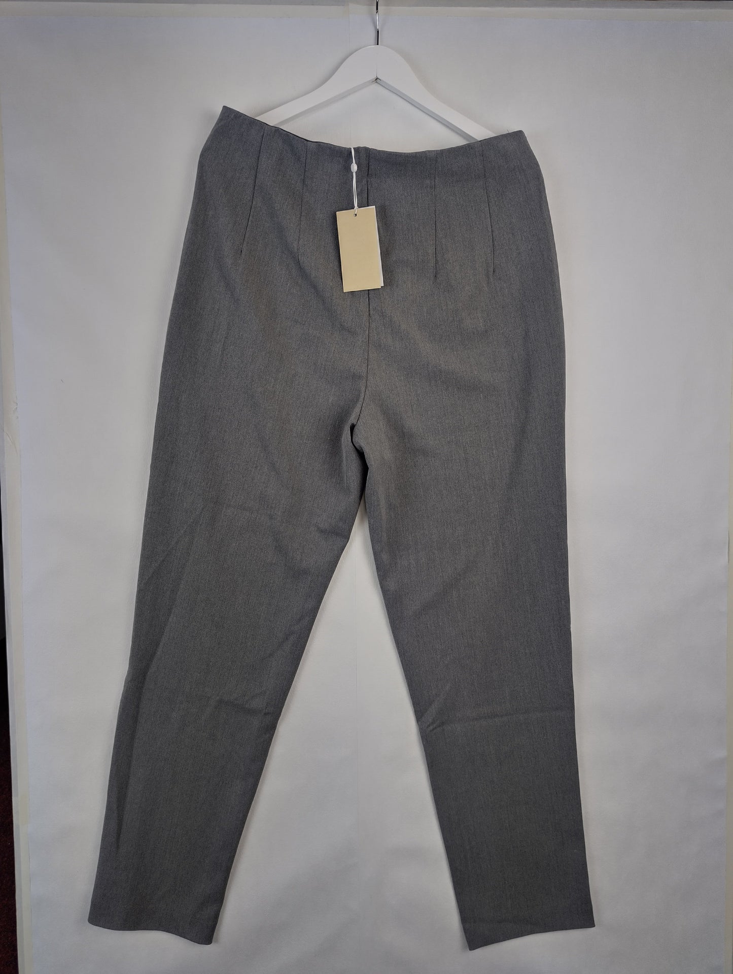 Back view of grey pants on hanger