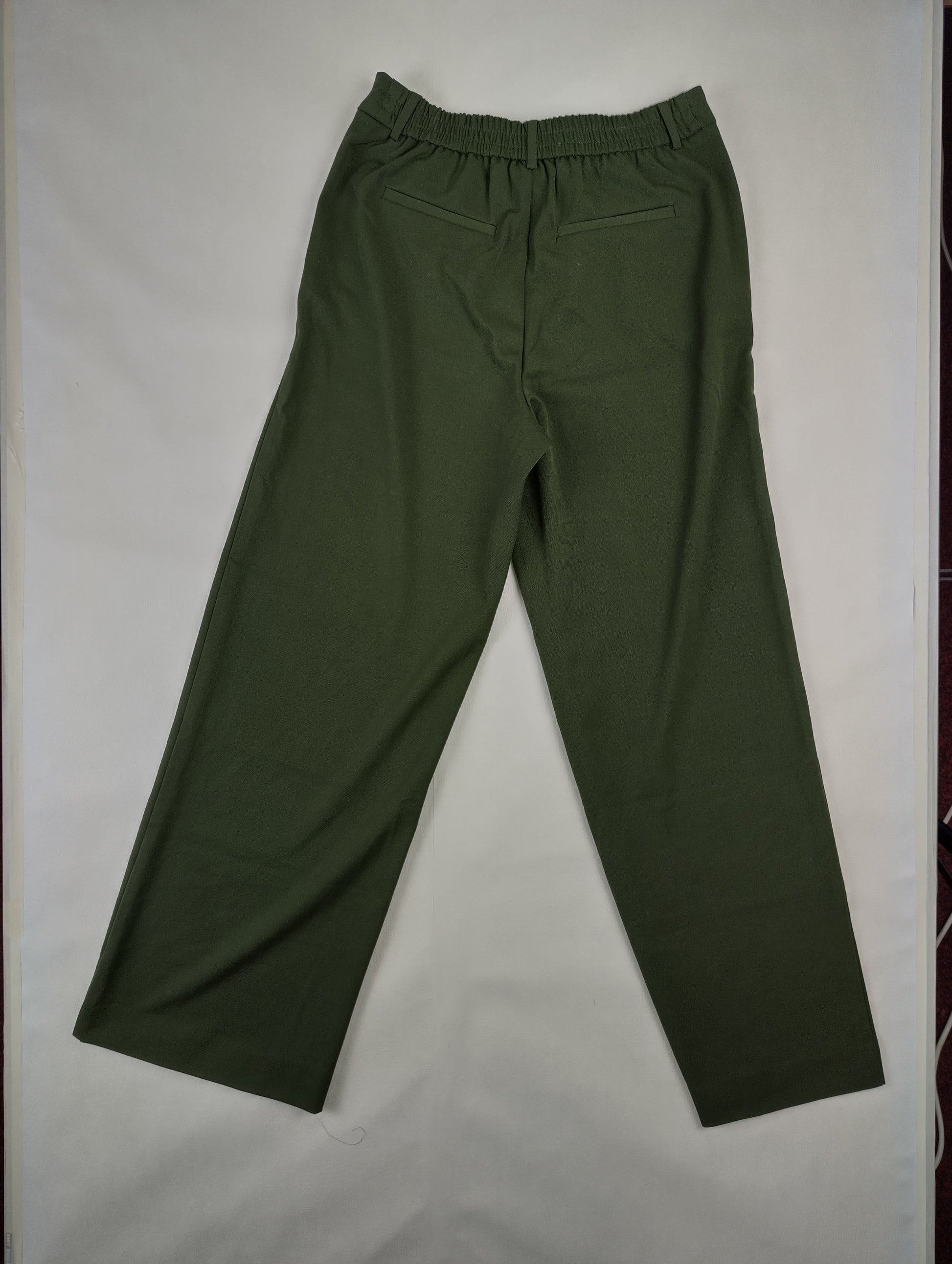 Back view of khaki green wide leg pants