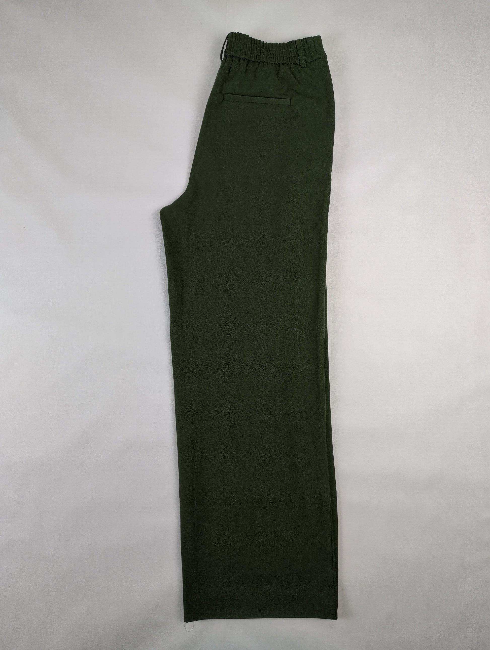 Side view of khaki green wide leg pants