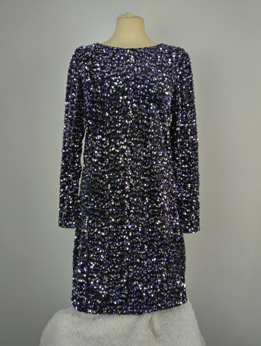 Front view of black and purple sequin dress