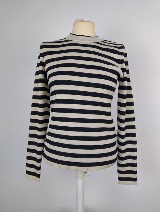 Front view of striped knit pullover