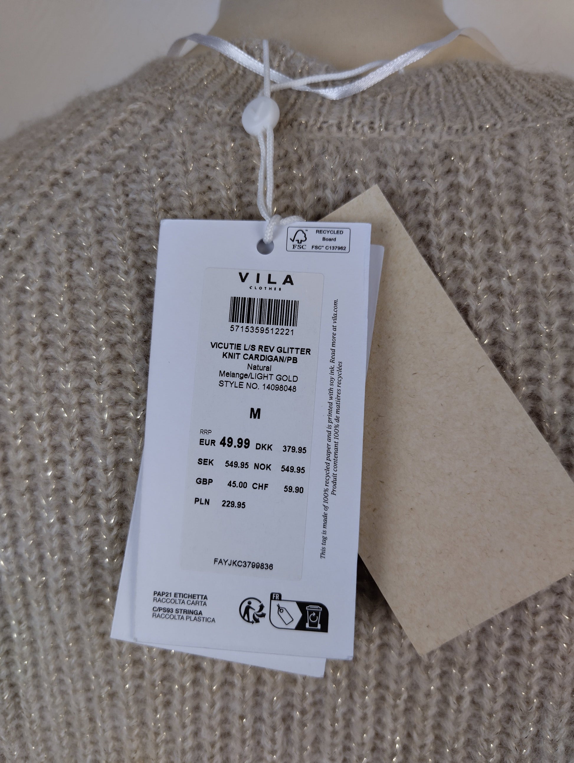 Close-up of tag on Vila Natural Glitter Knit Cardigan