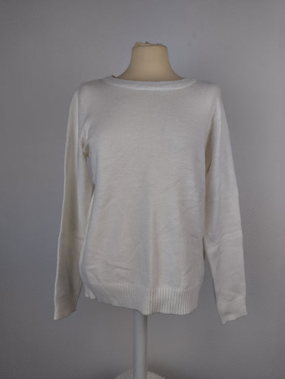 Front view of white knit sweater on a mannequin