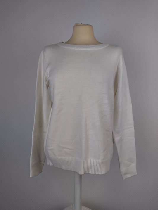 Front view of white knit sweater on a mannequin
