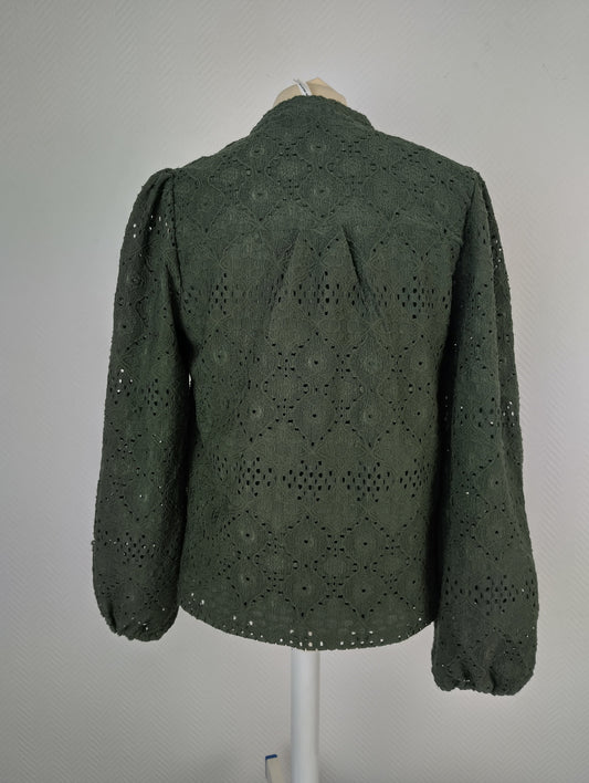 Back view of dark green lace blouse