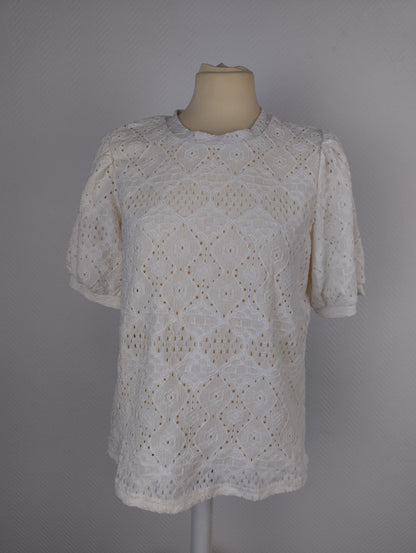 Front view of white lace top on mannequin