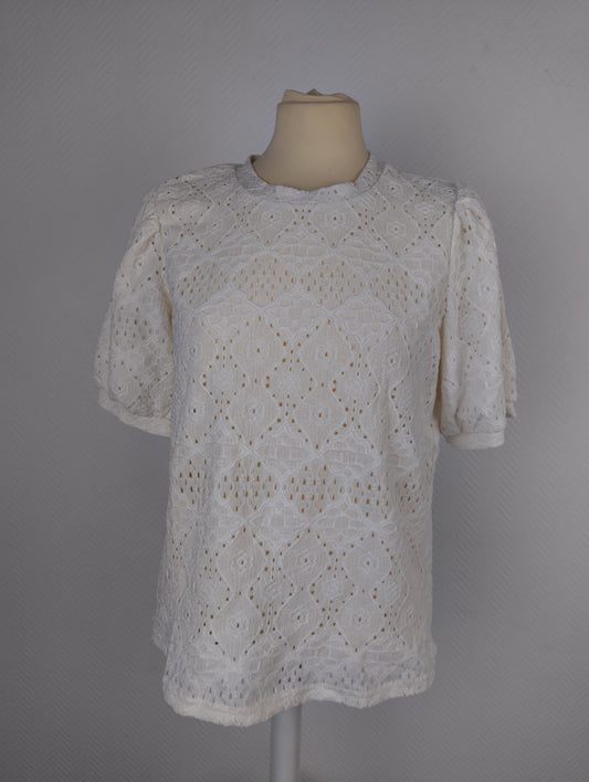 Front view of white lace top on mannequin
