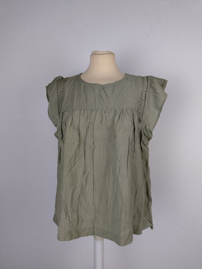 Full front view of olive green crinkle blouse