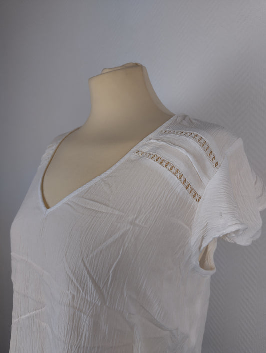 Close-up of white textured blouse with lace detail