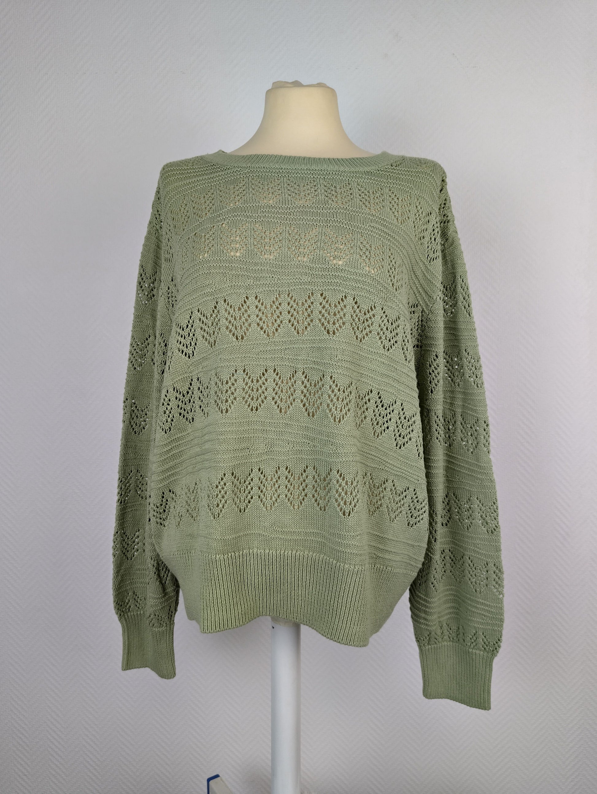 Front view of Vila swamp green pointelle knit sweater