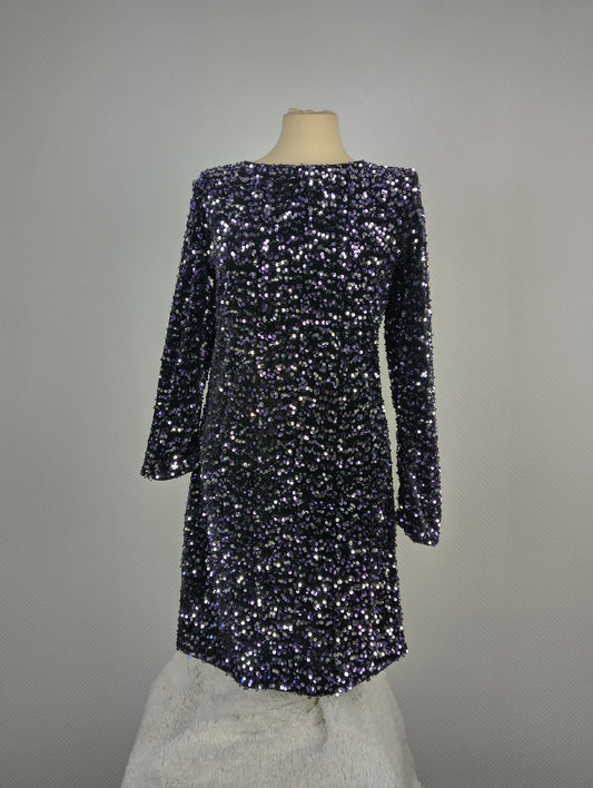 Front view of a black and purple sequined dress