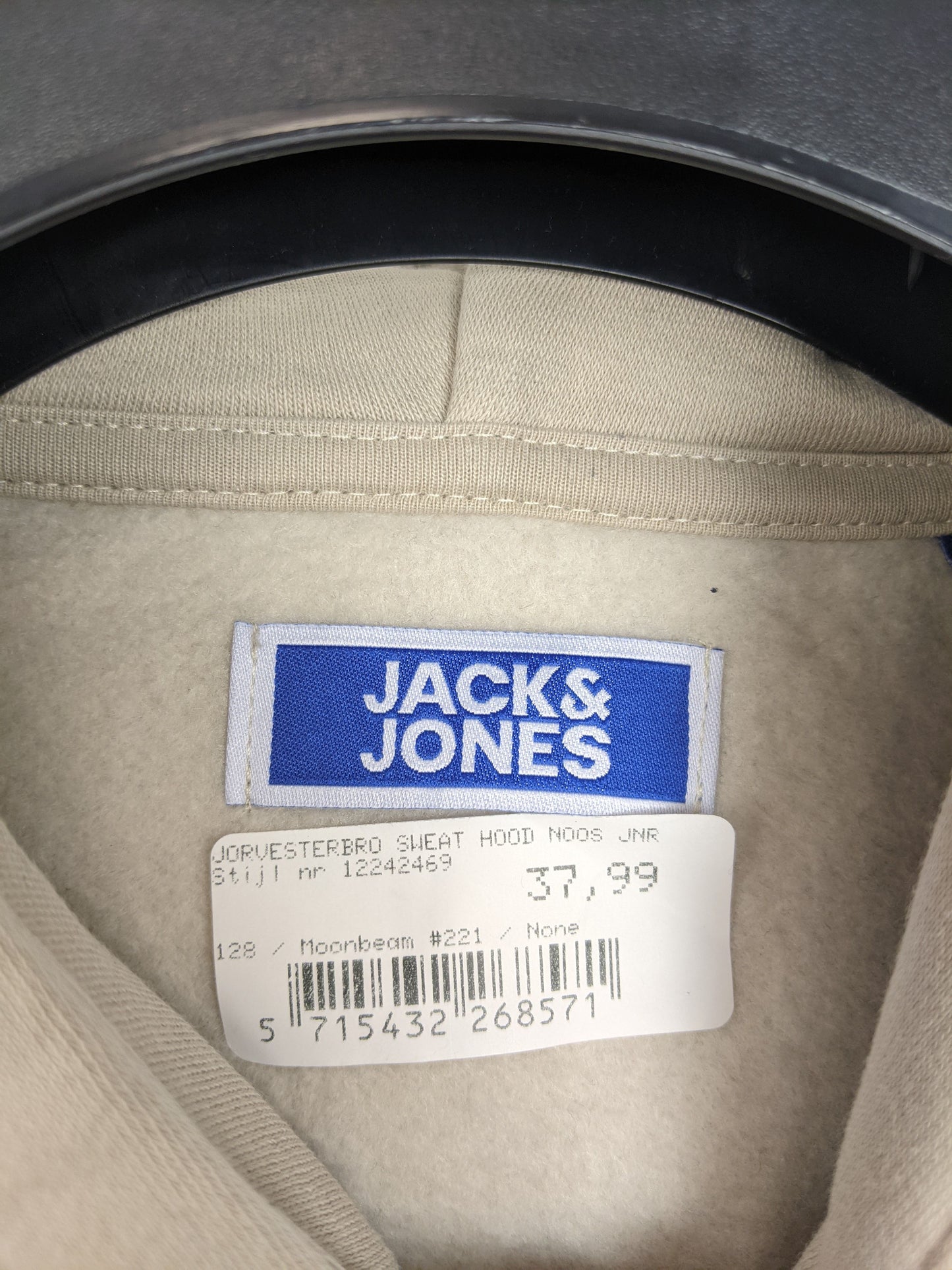 Close-up of Jack & Jones label on hoodie