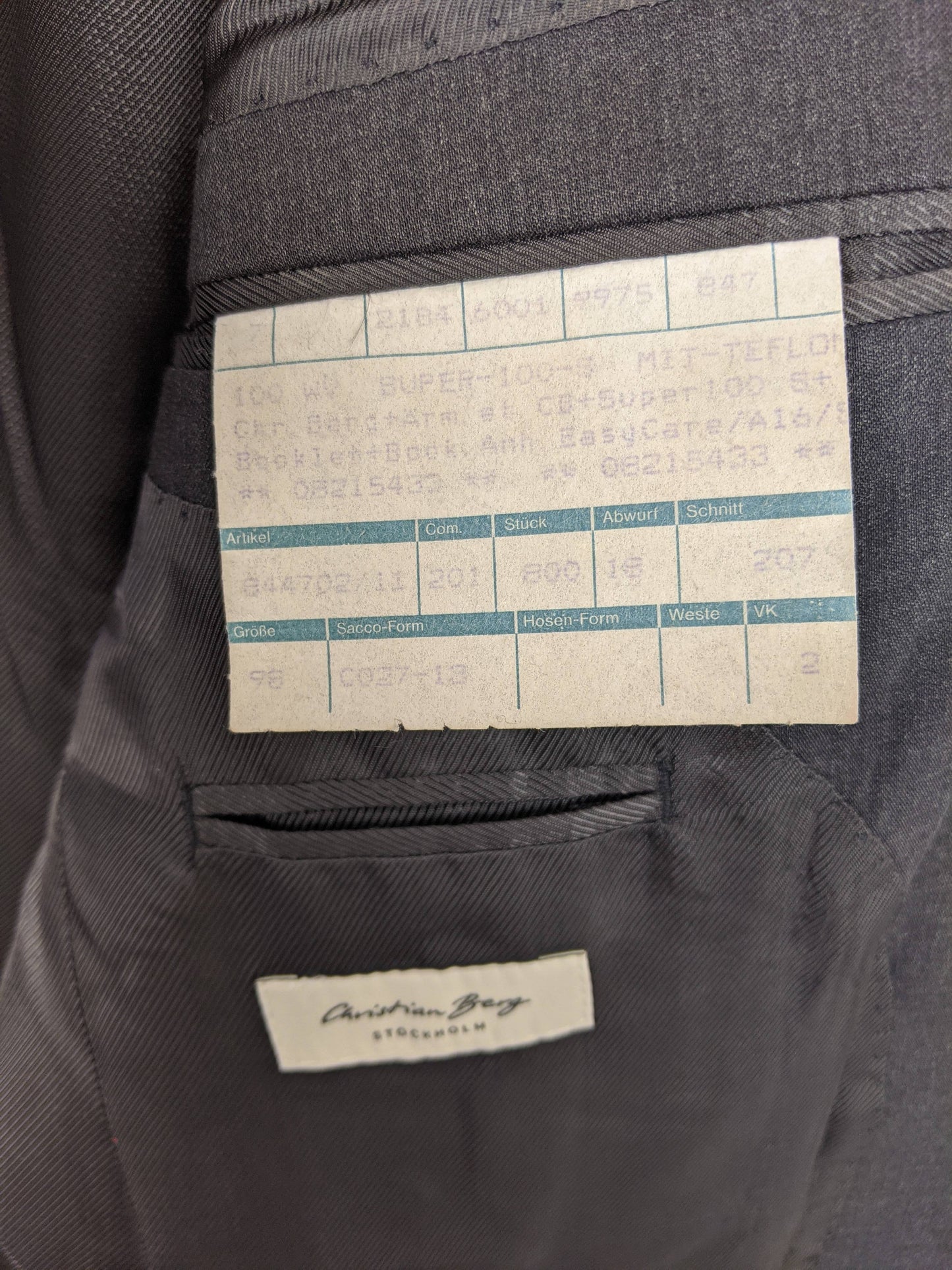 Close-up of the product details tag inside the blazer