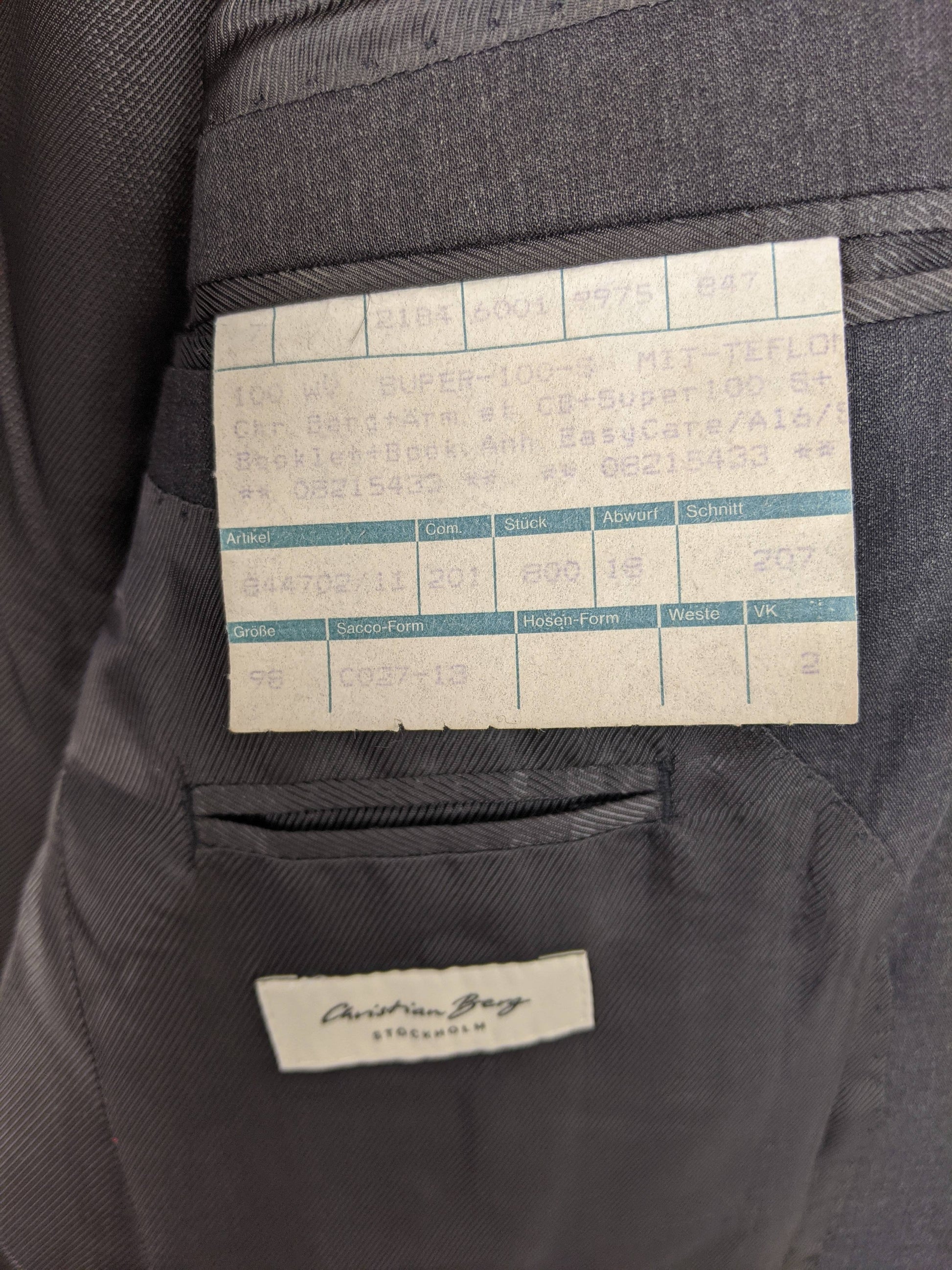 Close-up of the product details tag inside the blazer