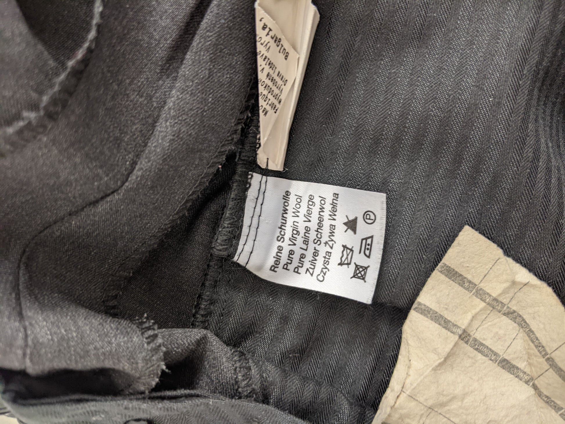 Close-up of material label inside trousers