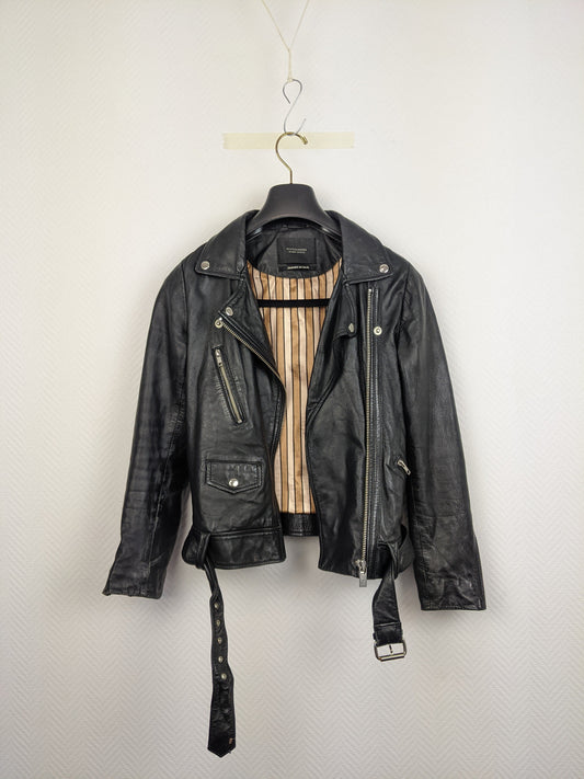 Front view of Scotch & Soda black leather biker jacket