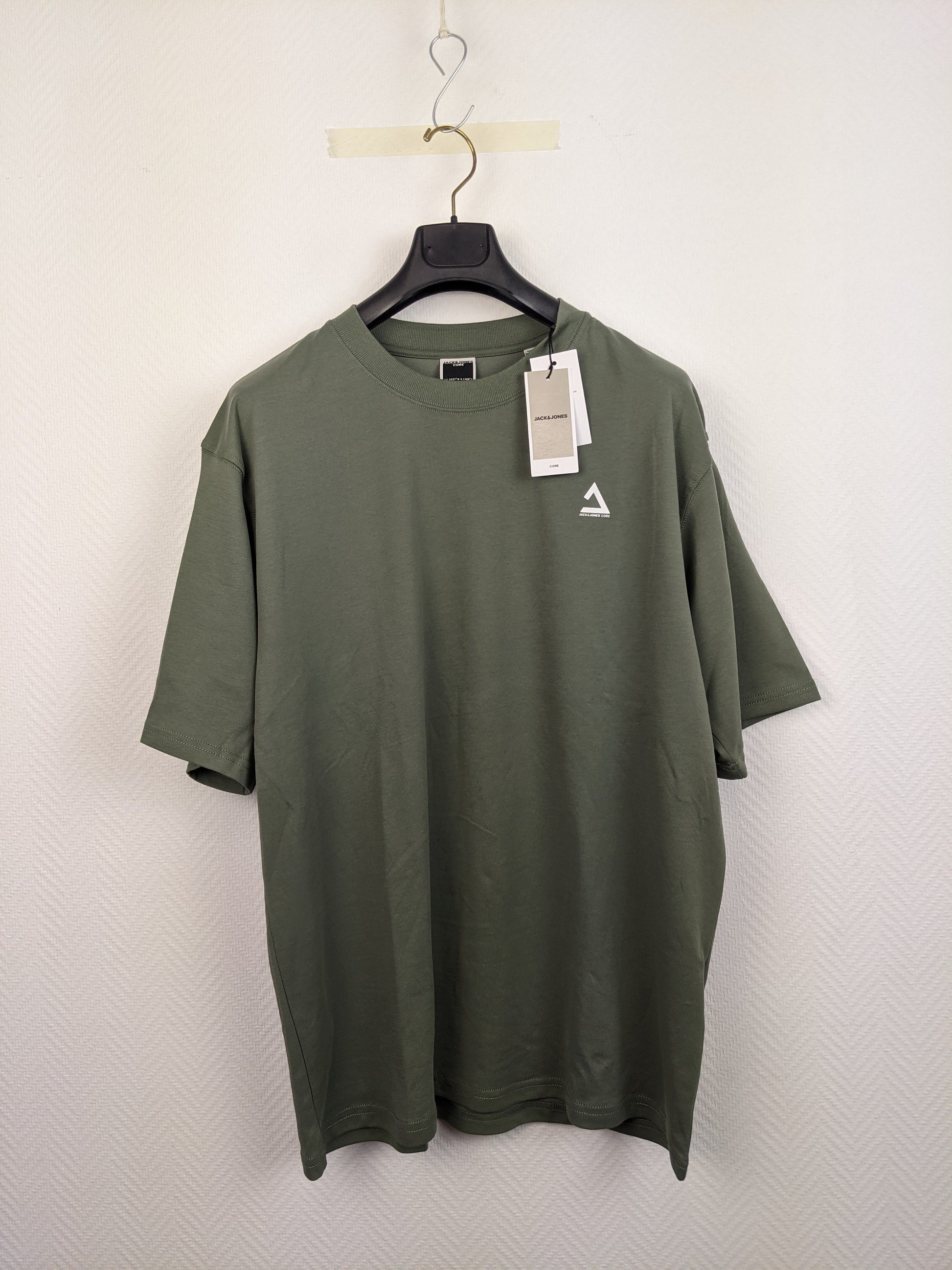 Front view of Jack & Jones olive green T-shirt with tag
