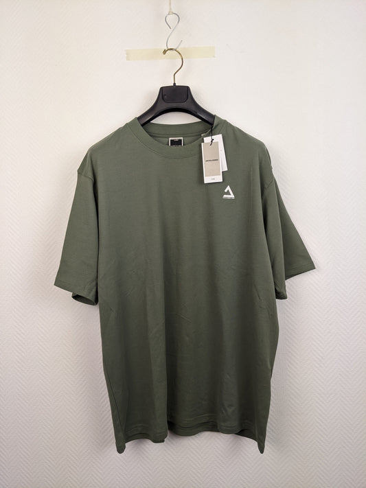 Front view of Jack & Jones olive green T-shirt with tag
