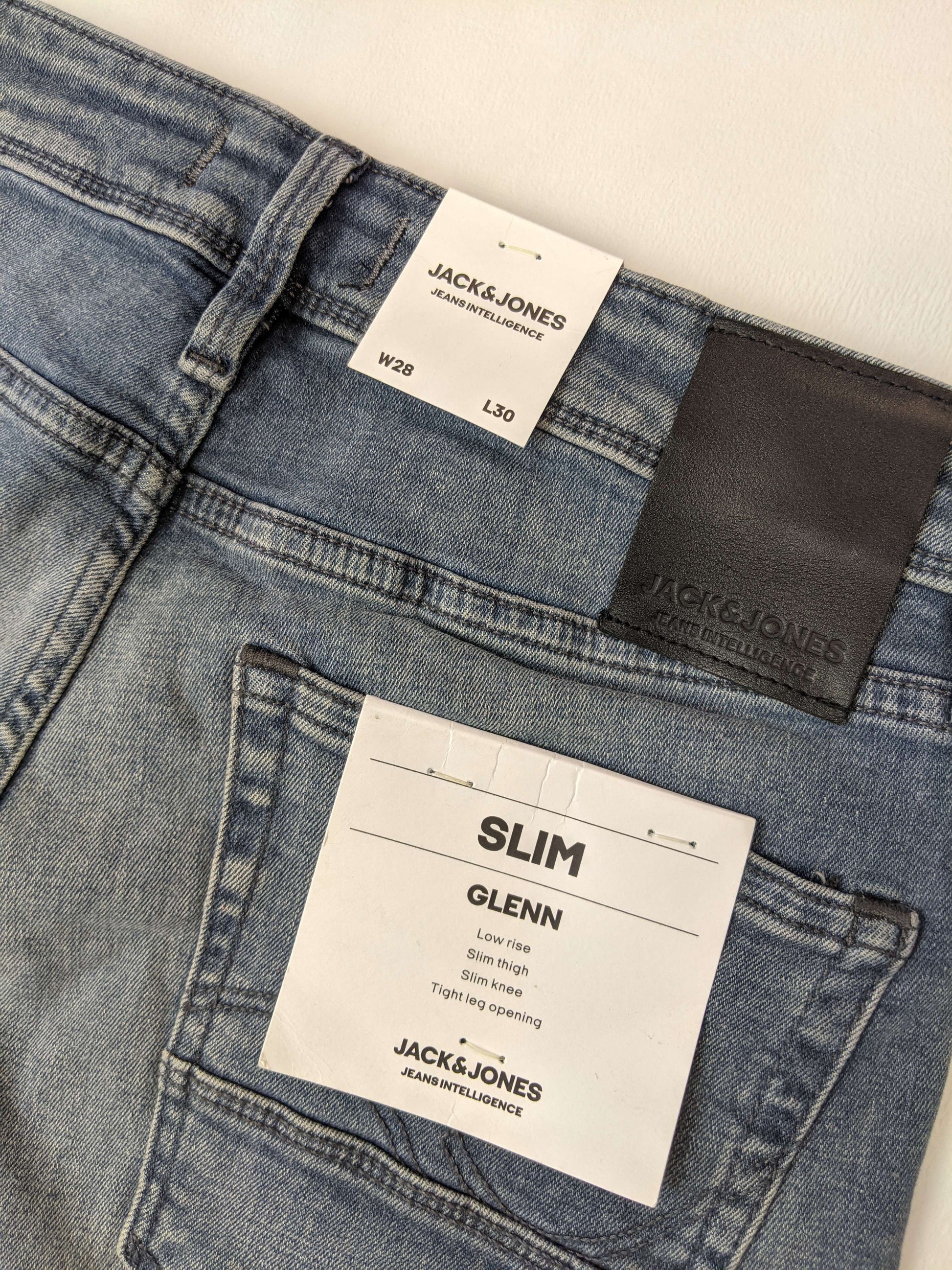 Label on Jack & Jones Glenn Slim Fit Blue Jeans showing size and brand