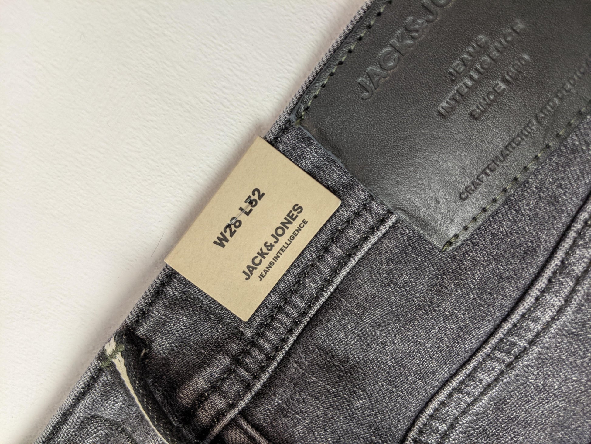 Close-up of size label on Jack & Jones jeans