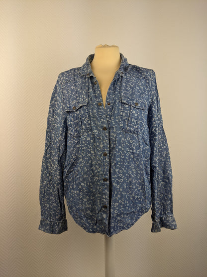 Front view of The Kooples blue patterned denim shirt