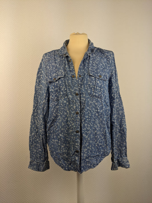 Front view of The Kooples blue patterned denim shirt