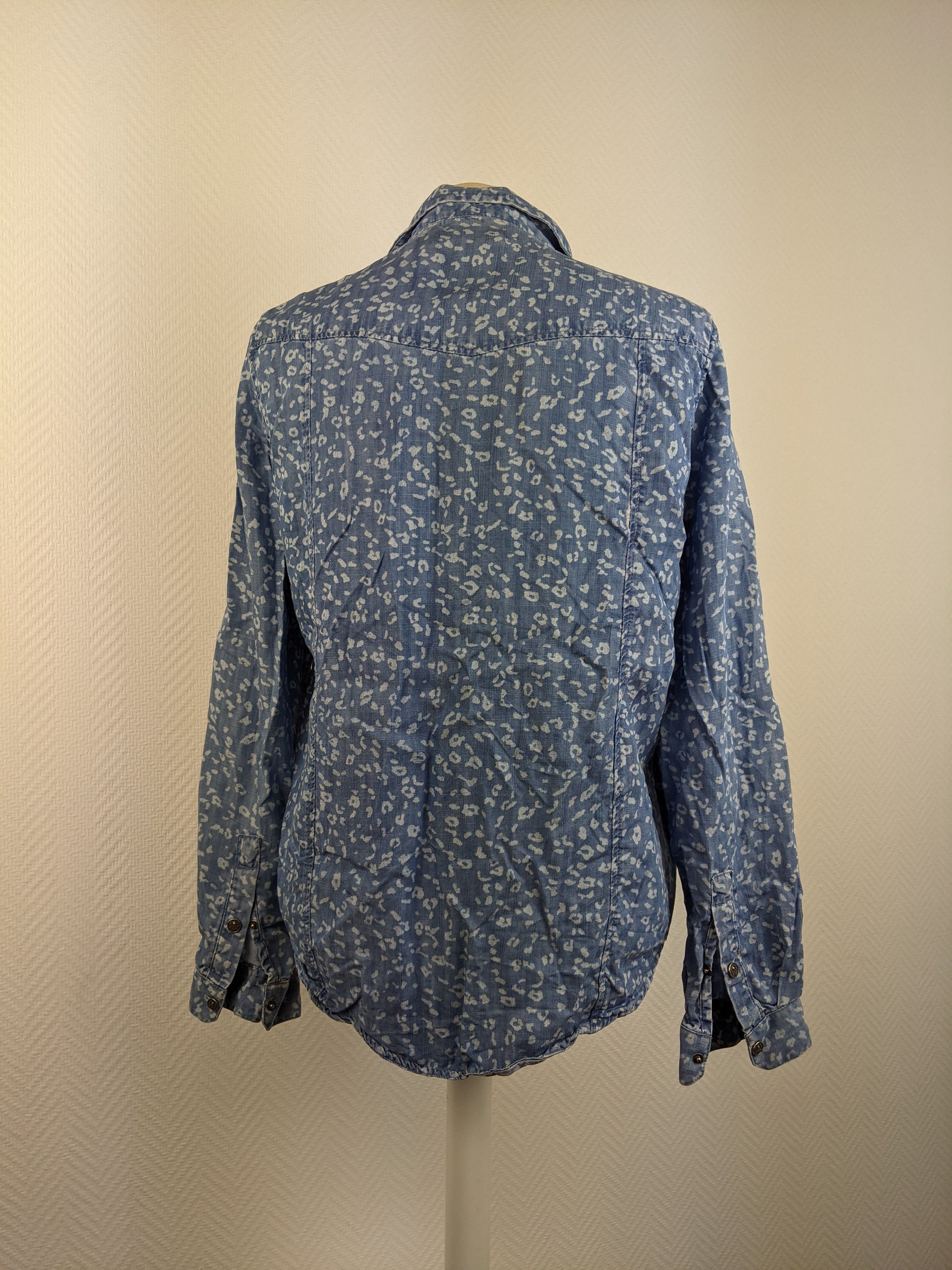 Back view of The Kooples blue patterned denim shirt