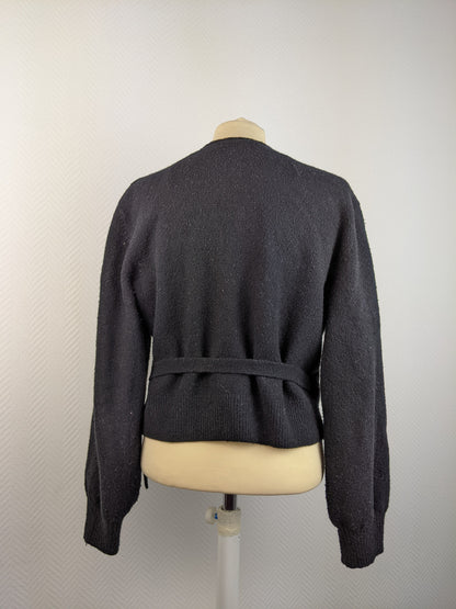 Back view of black wrap cardigan