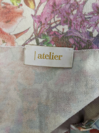 Close-up of Atelier label on floral blouse