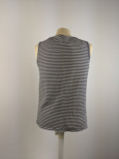 Back view of Vanilia black striped sleeveless top