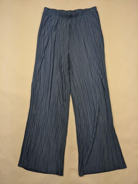 Front view of blue pleated wide-leg pants