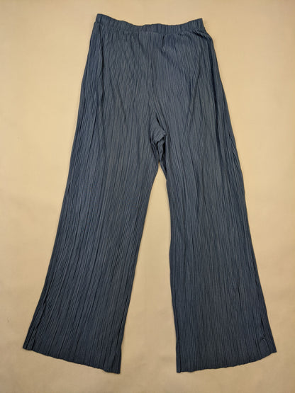 Back view of blue pleated wide-leg pants