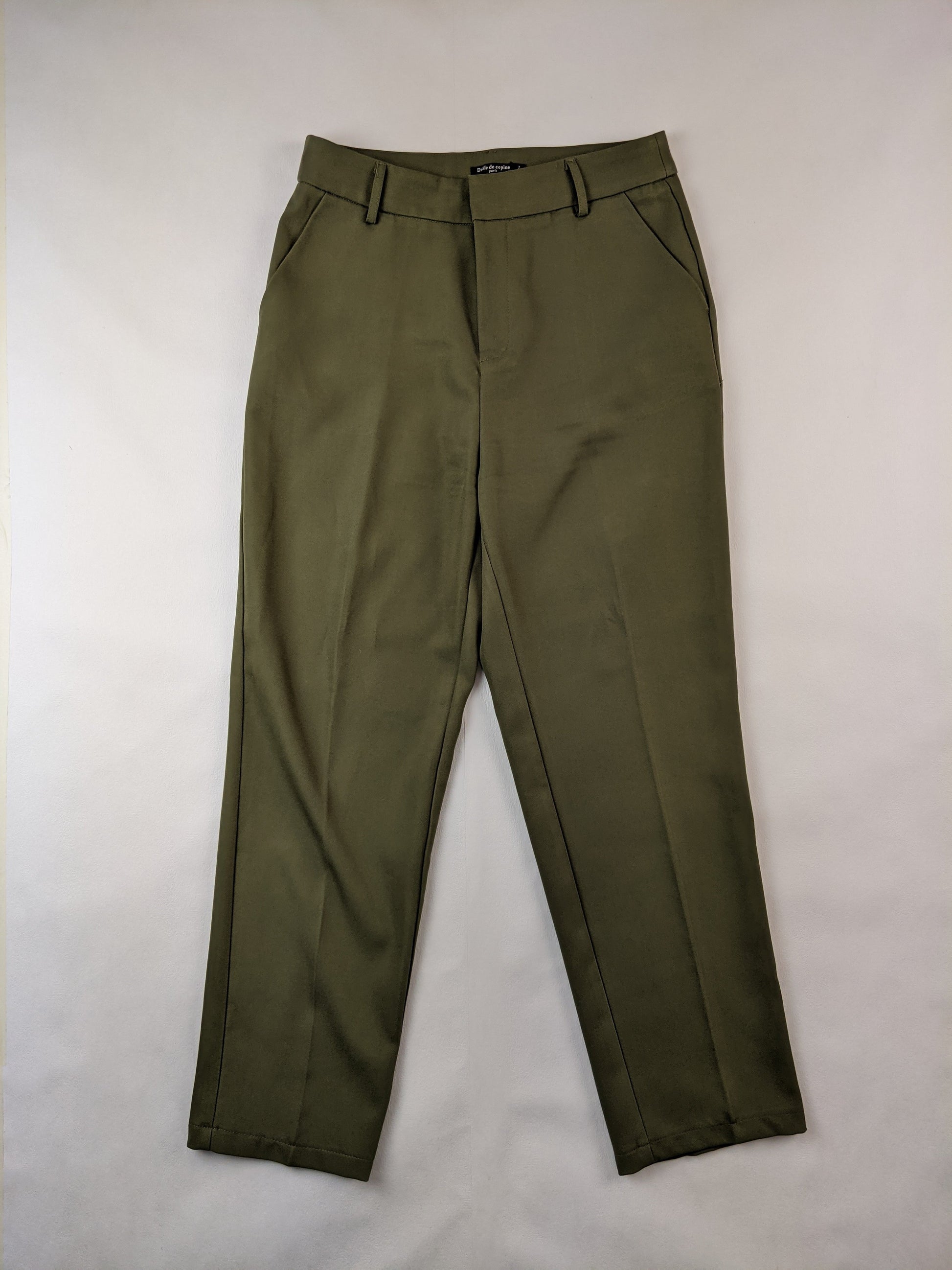 Front view of olive green trousers