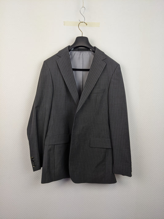 Front view of gray pinstripe suit jacket