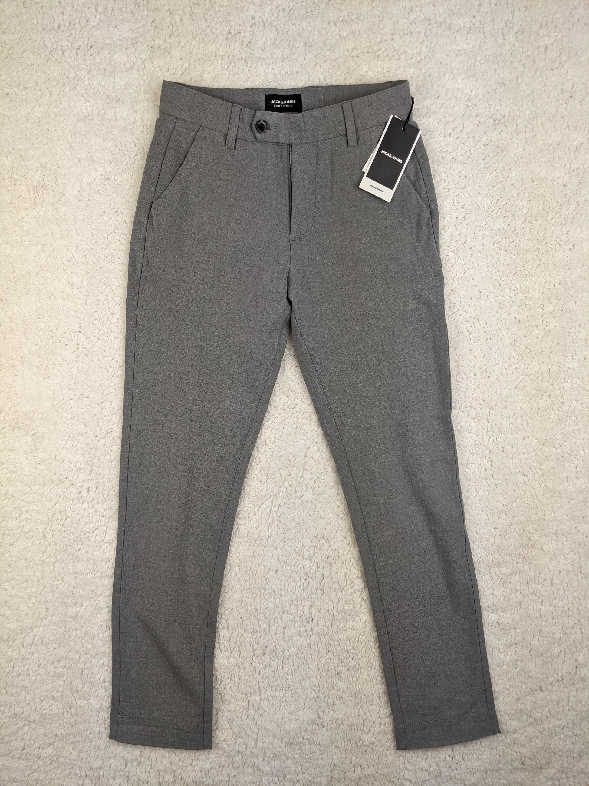 Front view of grey Jack & Jones slim fit pants