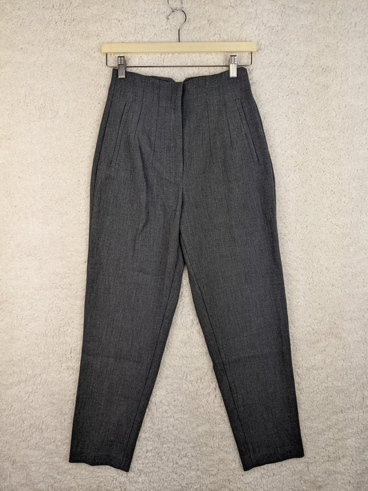 Front view of grey trousers on hanger