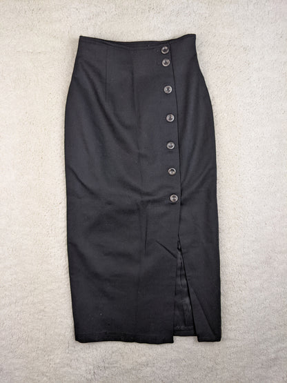 Front view of a black pencil skirt with buttons