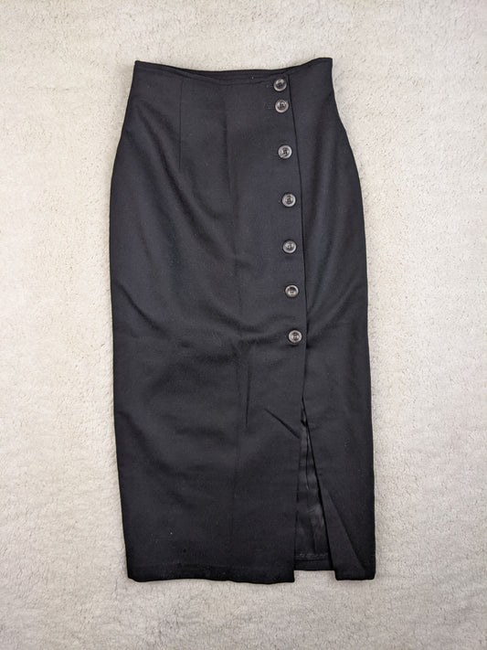 Front view of a black pencil skirt with buttons