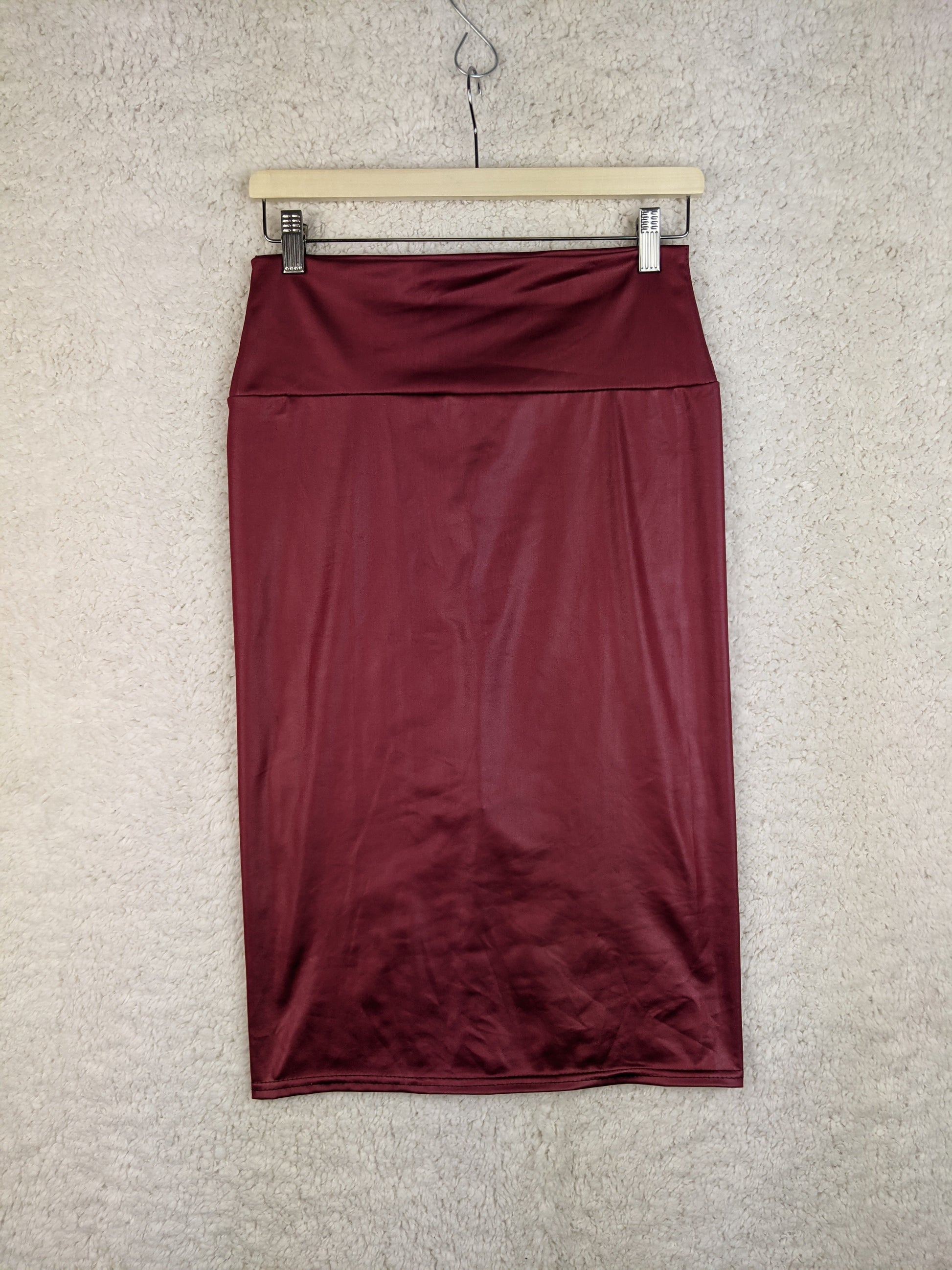 Front view of burgundy midi skirt