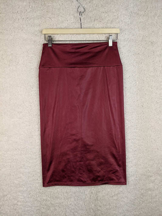 Front view of burgundy midi skirt