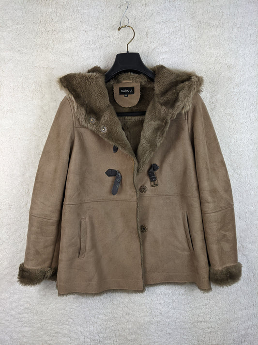 Front view of Caroll brown faux fur-lined jacket