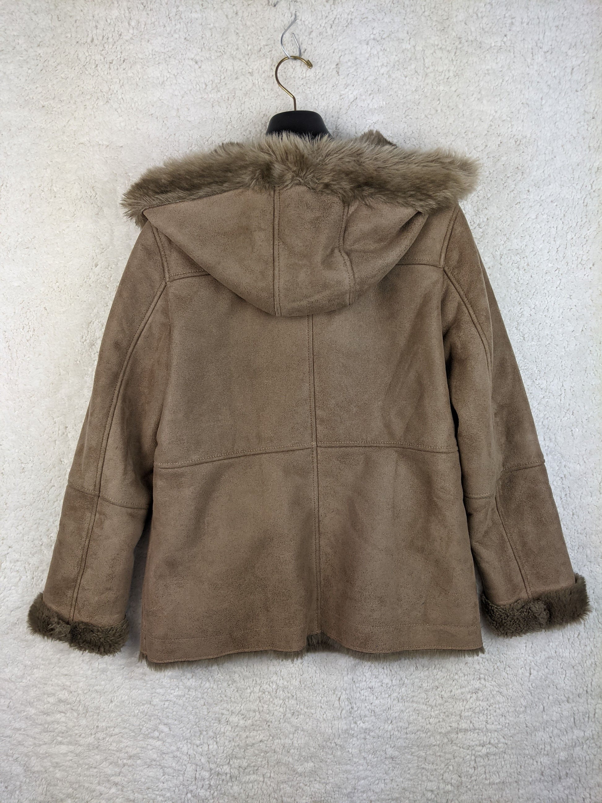 Back view of Caroll brown faux fur-lined jacket