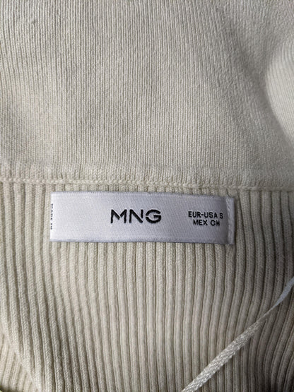 Label of MNG white ribbed button-down top showing size S